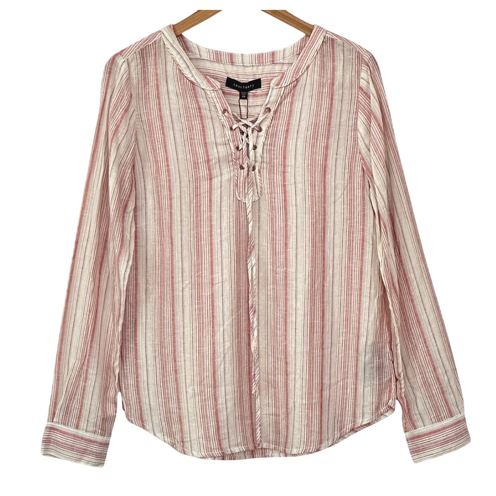 Sanctuary Womens Top XS Tommie Lace Up Stripe Linen Blend Boho Beachy Nautical